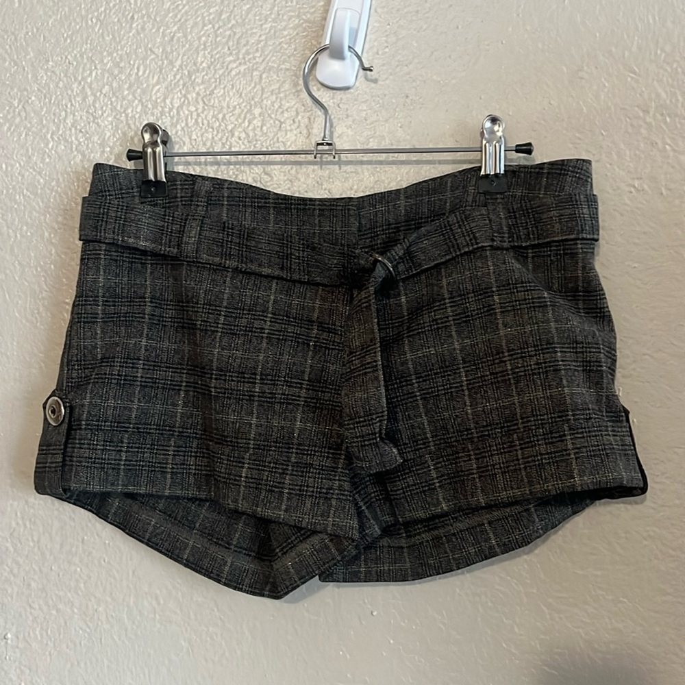 Metallic brown checked short shorts with tie detail